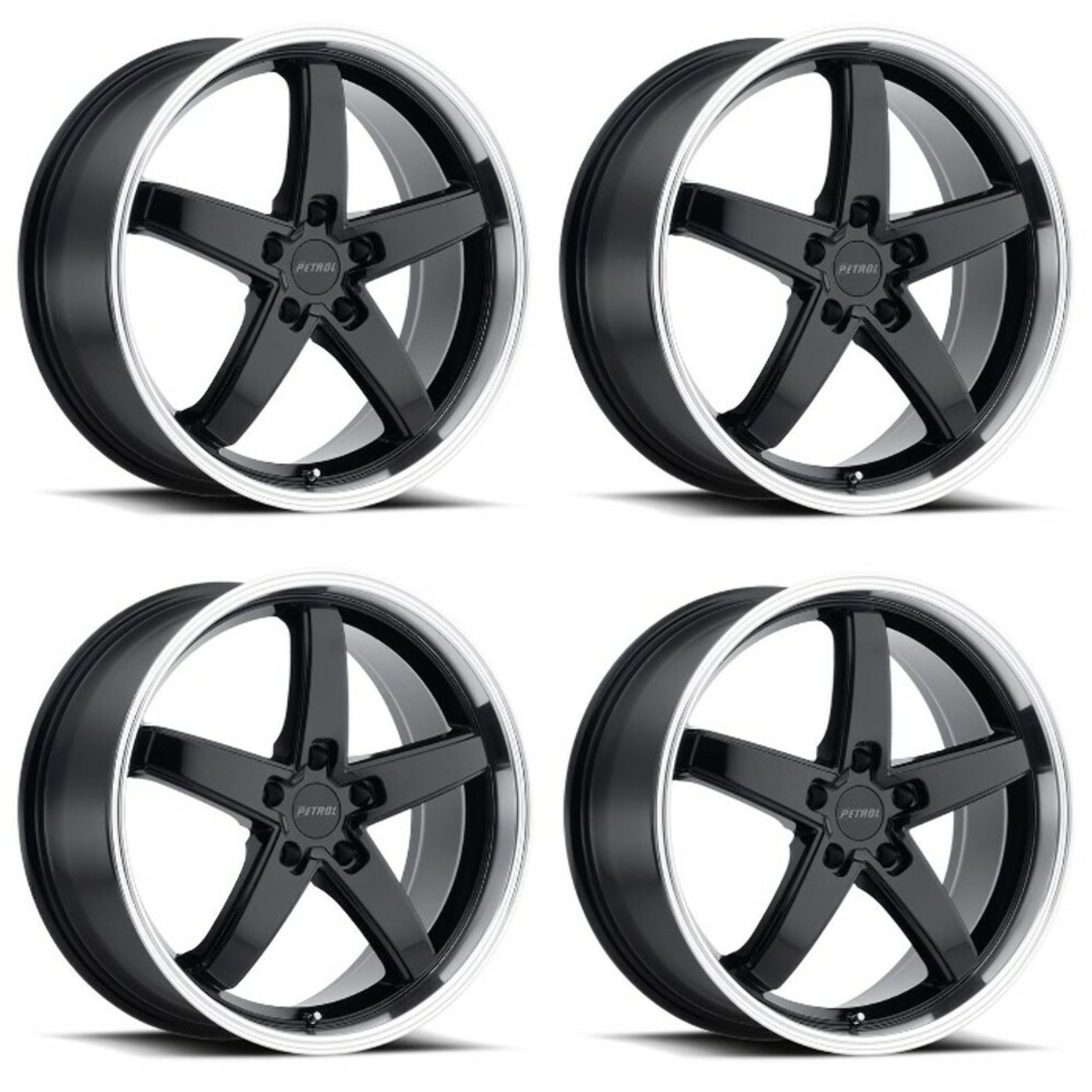 Set 4 Petrol P1B 19x8 5x112 Gloss Black W/ Machined Cut Lip Wheels 19" 40mm Rims