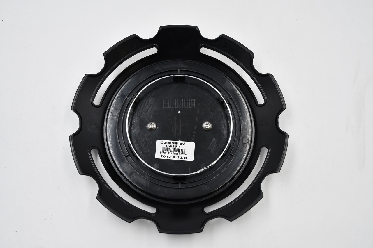 Genuine Vision Wheel C390SB-8V satin black OEM replacement center cap for Vision 390 Empire and Vision 391 Rebel 8-lug wheels. Fits 8x6.5, 8x170, and 8x180 bolt patterns with an 8.75-inch outside diameter.