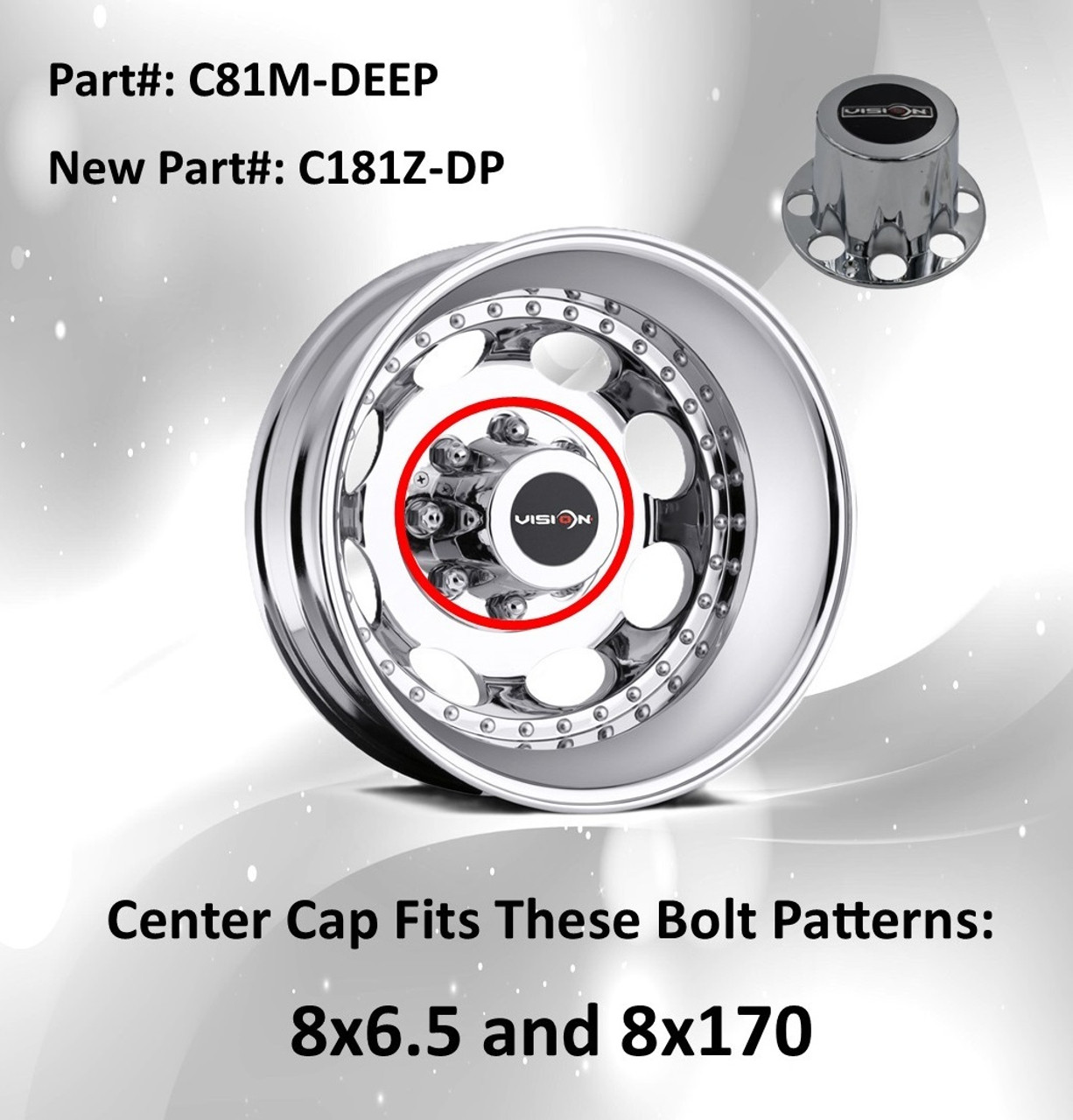 Vision 81 181 Heavy Hauler C81M-DEEP Chrome Center Cap 8.5" 8 Lug Dually Wheels