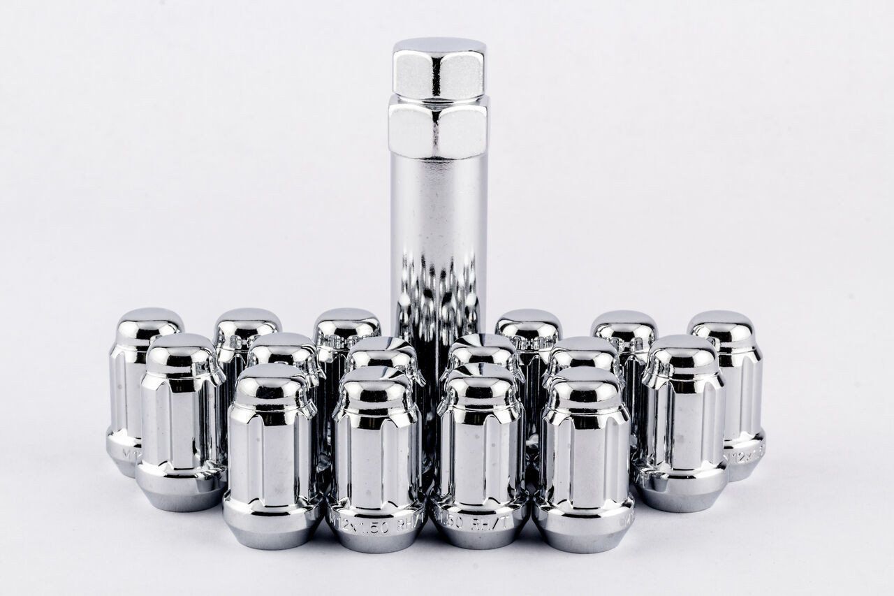 24 Set 1/2" 6 Spline Chrome Tuner Lug Nuts 1.4" Tall w/ Key 1/2-20 Lugs