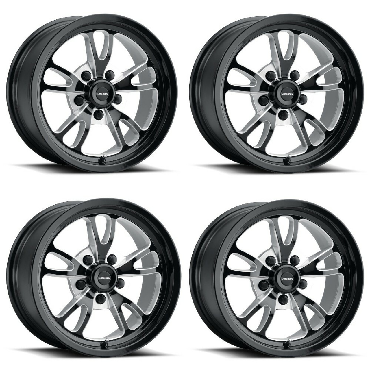 Set 4 15" Vision American Muscle 149 Patriot Black Milled 5x5 Wheels -25mm Rims