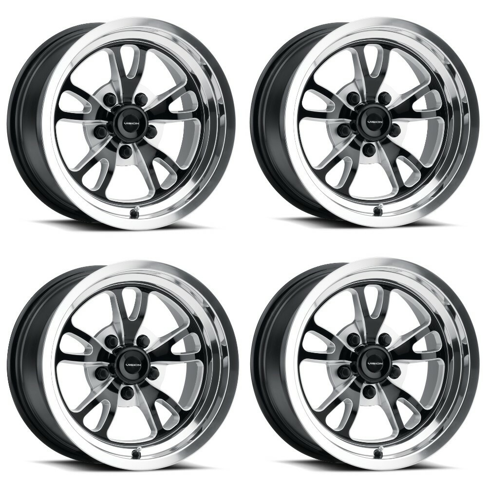 Set 4 15" Vision 149 Patriot Gloss Black Milled Spoke Polished Lip 15x8 Wheels 5x4.75 (5x120.65) 0mm Rims