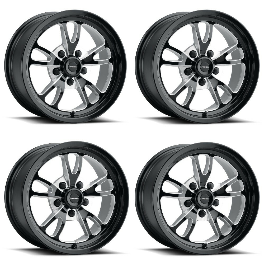 Set 4 15" Vision 149 Patriot Gloss Black Milled Spoke Polished Lip 15x8 Wheels 5x4.75 (5x120.65) 0mm Rims