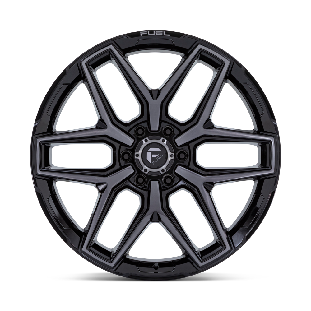22" Fuel Flux 22x10 6x135-18mm Gloss Black Brushed Face Gray Tint Lifted Wheel