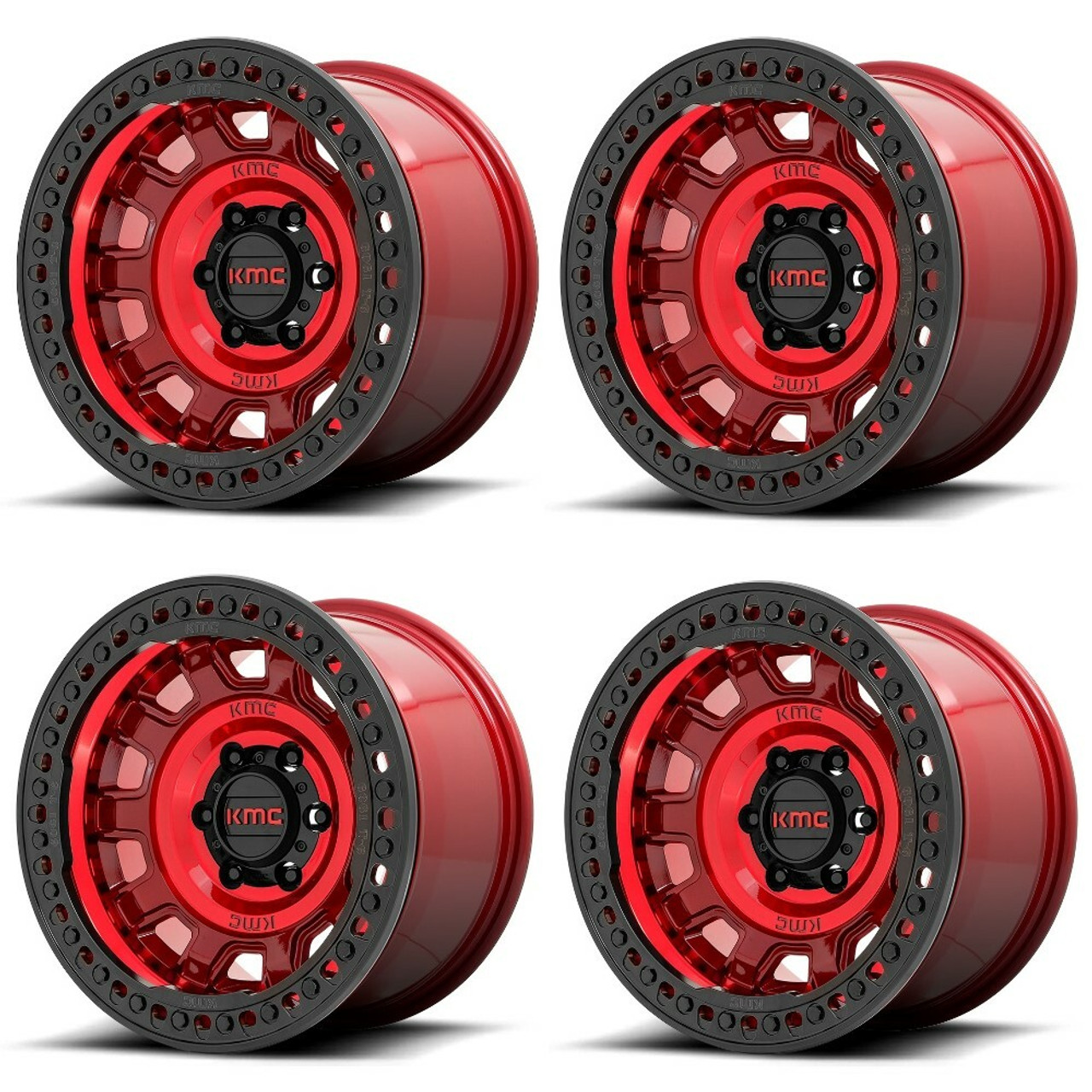 Set 4 KMC KM236 Tank Beadlock 17x9 5x5 Candy Red Wheels 17" -38mm Rims