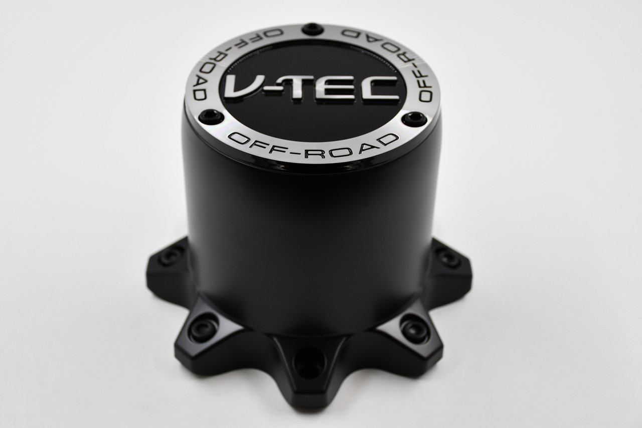 V-TEC Off Road Matte Black w/ Gloss Black & Smooth Polished Logo Wheel Center Cap Hub Cap C394MB-8L 7" 8 Lug Tall 394 Warlord