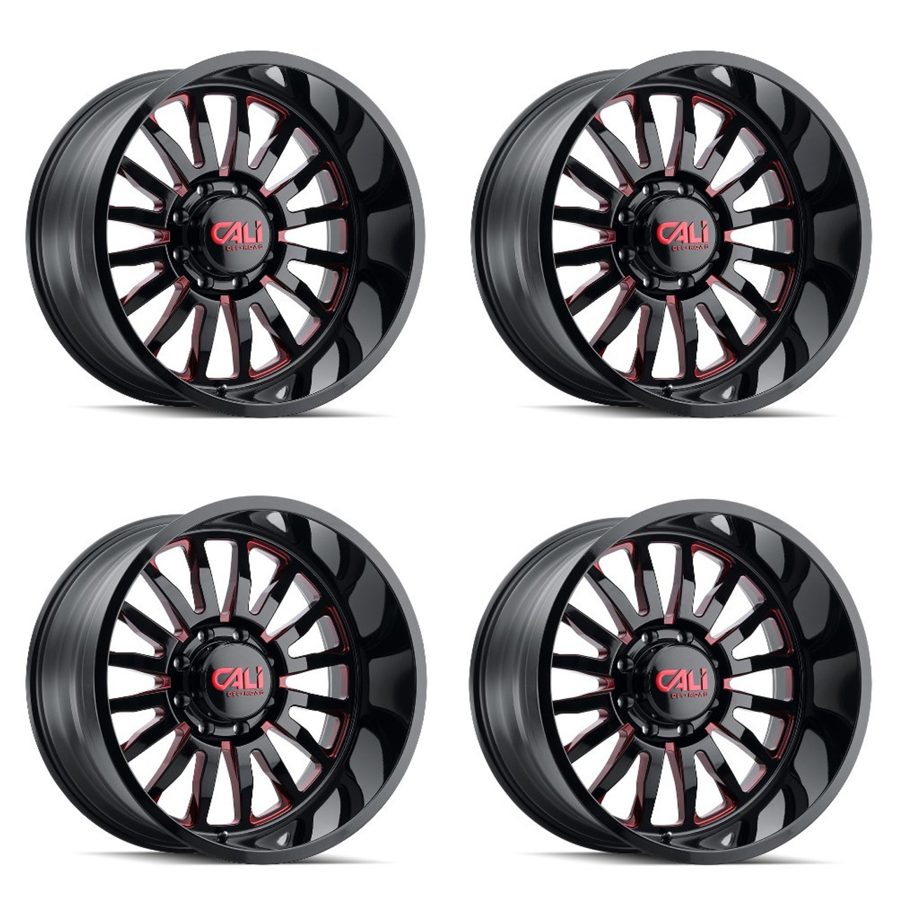 Set 4 24" Cali Off-Road Summit 24x14 Black W Prism Red 6x135 Wheels -76mm Rims