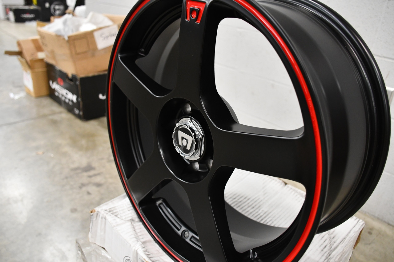 Set 4 Motegi MR116 FS5 16x7 4x100 4x4.5 Black Red Racing Stripe