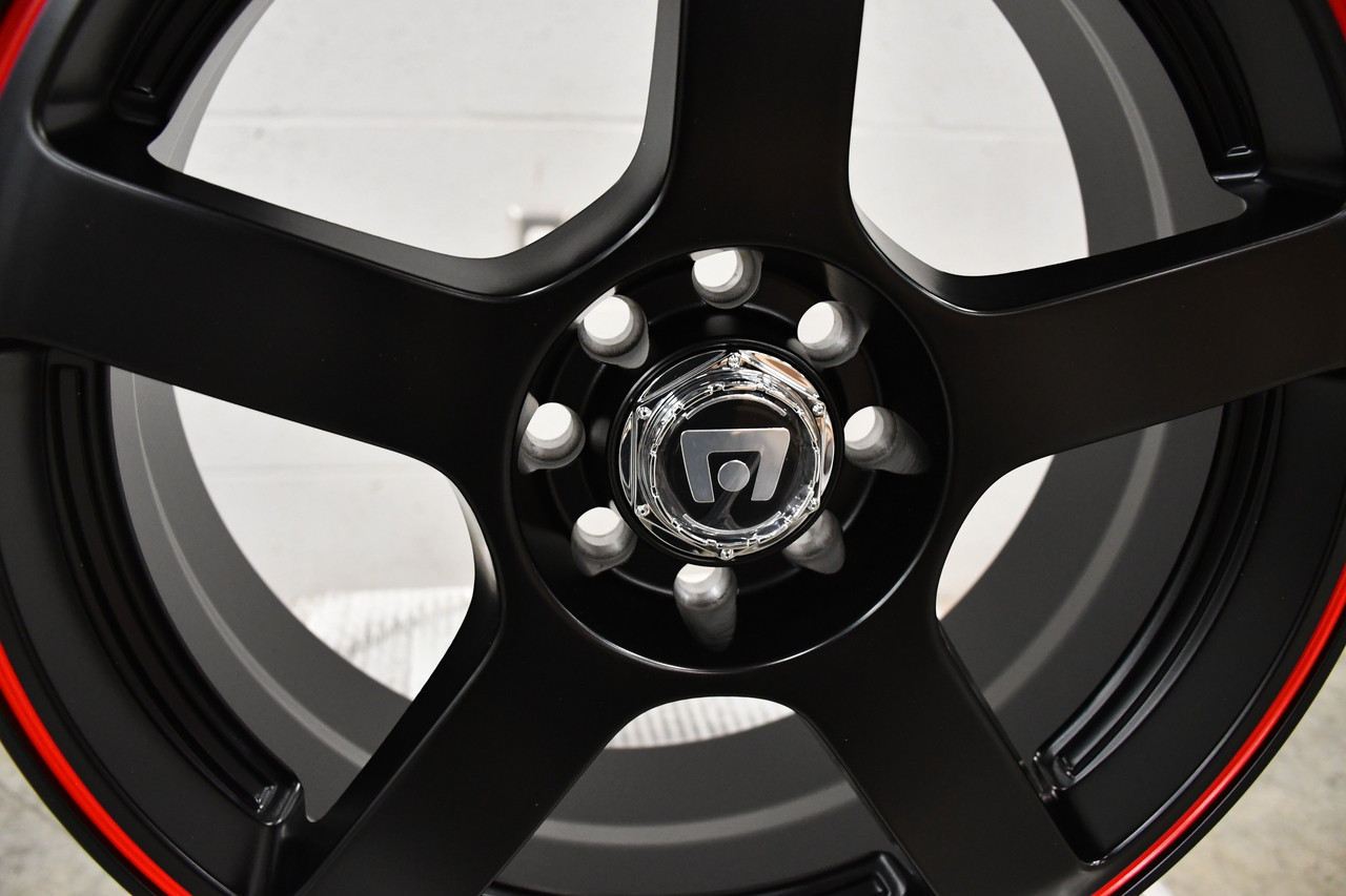 Set 4 Motegi MR116 FS5 16x7 4x100 4x4.5 Black Red Racing Stripe Wheels 16" 40mm