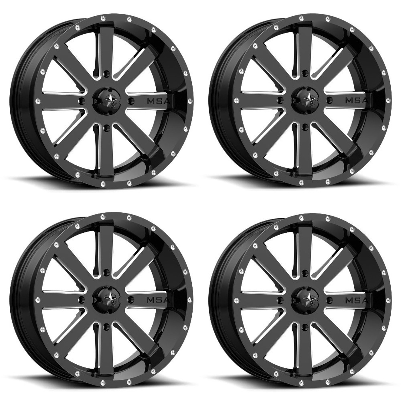 Set 4 MSA Offroad M34 Flash 22x7 4x156 Gloss Black Milled Wheels 22" 0mm Rims