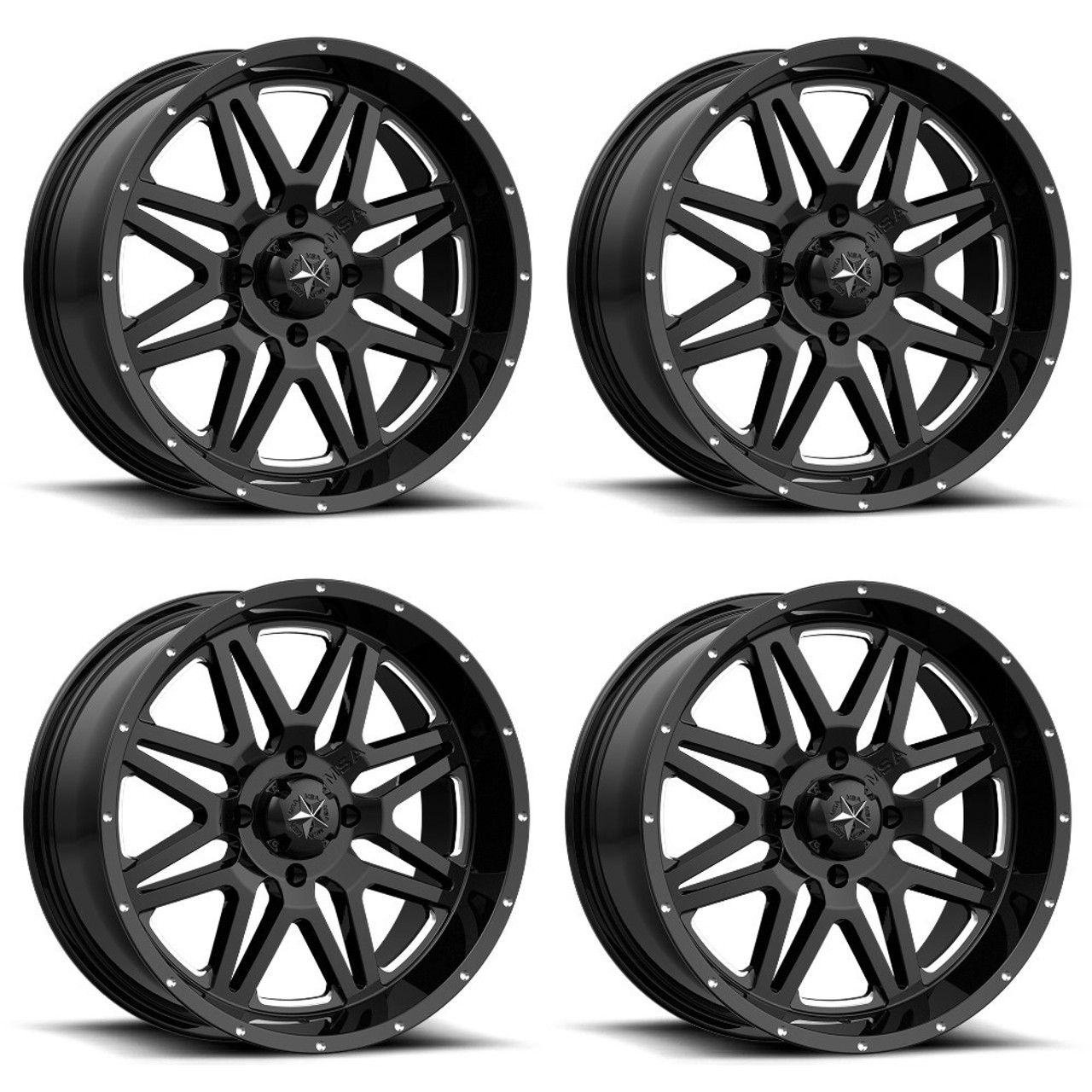 Set 4 MSA Offroad M26 Vibe 14x7 4x137 Milled Gloss Black Wheels 14" 0mm Rims