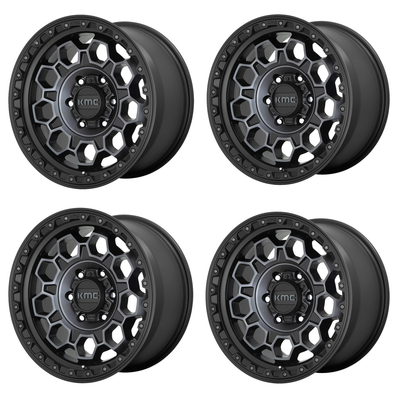 Set 4 KMC KM545 Trek 17x9 5x5 Satin Black With Gray Tint Wheels 17" 18mm Rims