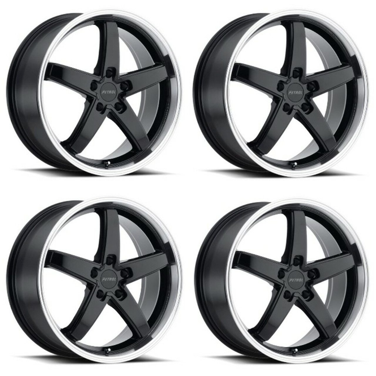 Set 4 Petrol P1B 20x8.5 5x4.25 Gloss Black W/ Machined Cut Lip Wheels 20" 40mm