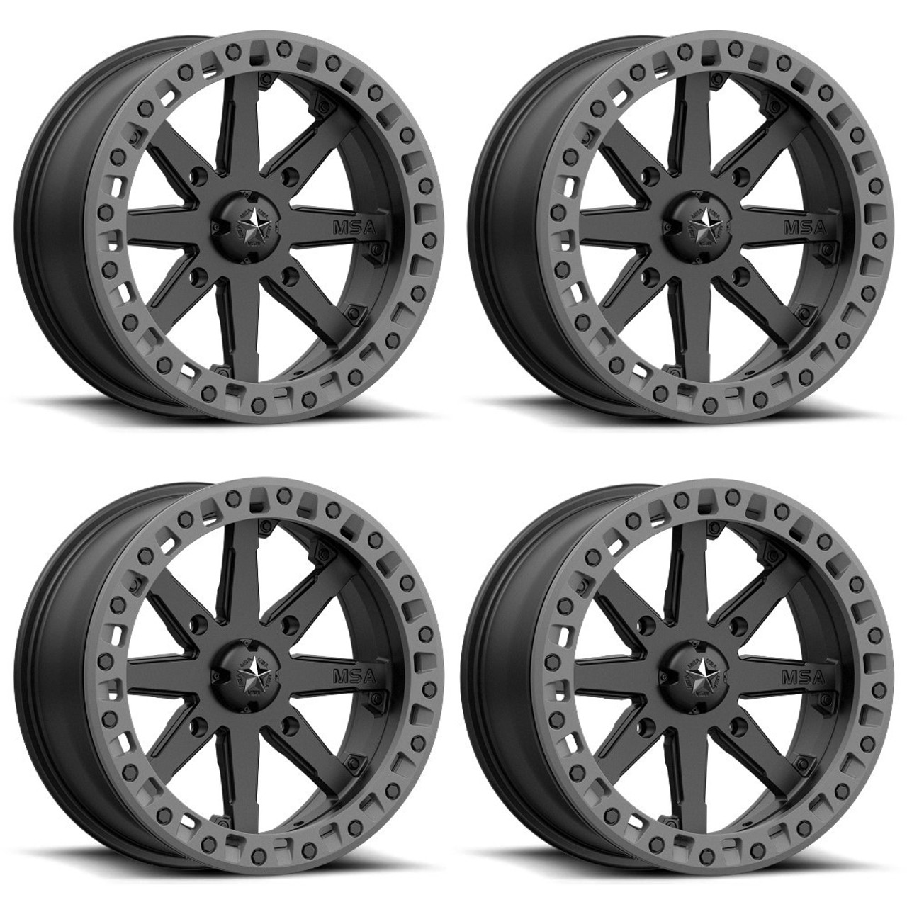 Set 4 MSA Offroad M31 LOK2 Beadlock 14x7 4x110 Black Gray Wheels 14" 0mm Rims