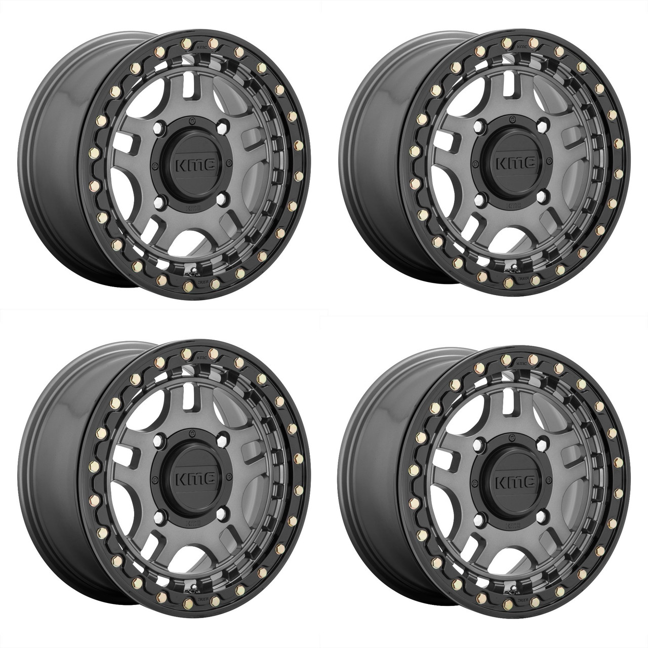 Set 4 KMC Powersports Ks240 Recon Beadlock 14x7 4x137 Gun Metal Black Wheels 14"