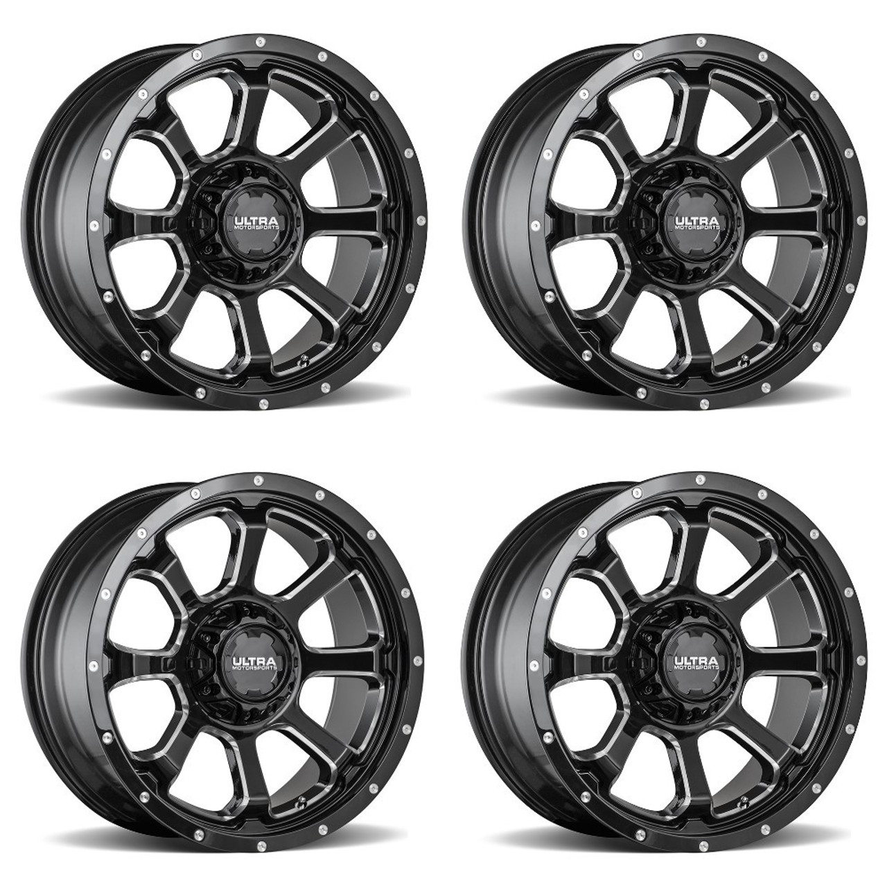Set 4 18" Ultra 219BM Nemesis 18x9 5x5/5.5 Gloss Black CNC Milled Wheels 12mm