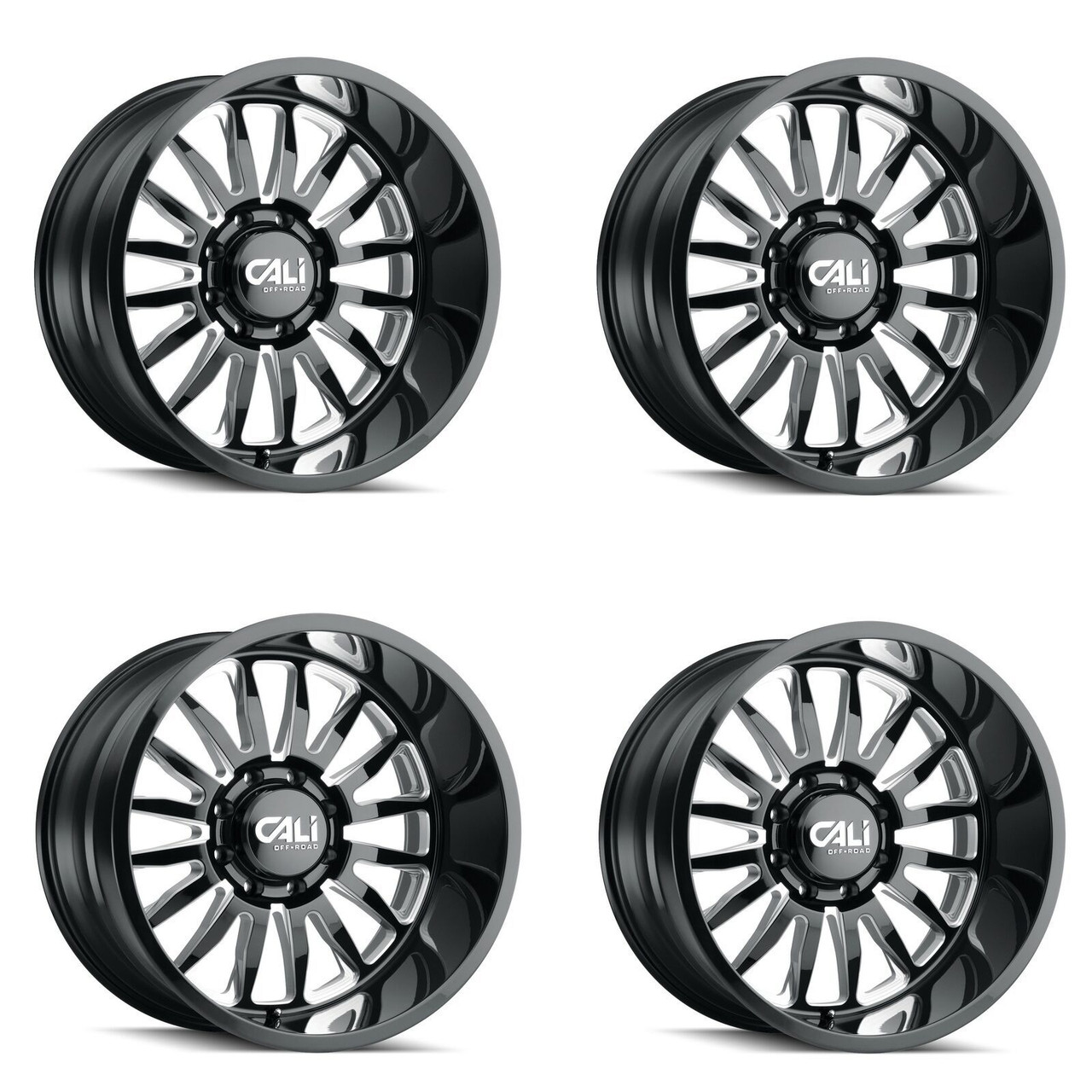 Set 4 20" Cali Off-Road Summit 20x9 Gloss Black Milled Spokes 8x6.5 Wheels 0mm