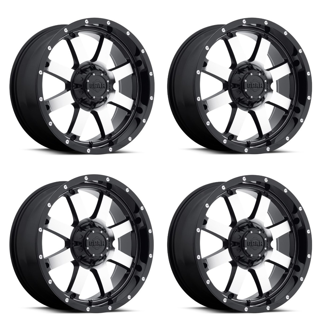 Set 4 20" Gear Off Road 726M Big Block gloss black with mirror machined face and spot milled lip accents 20x10 Wheels 8x6.50 -19mm