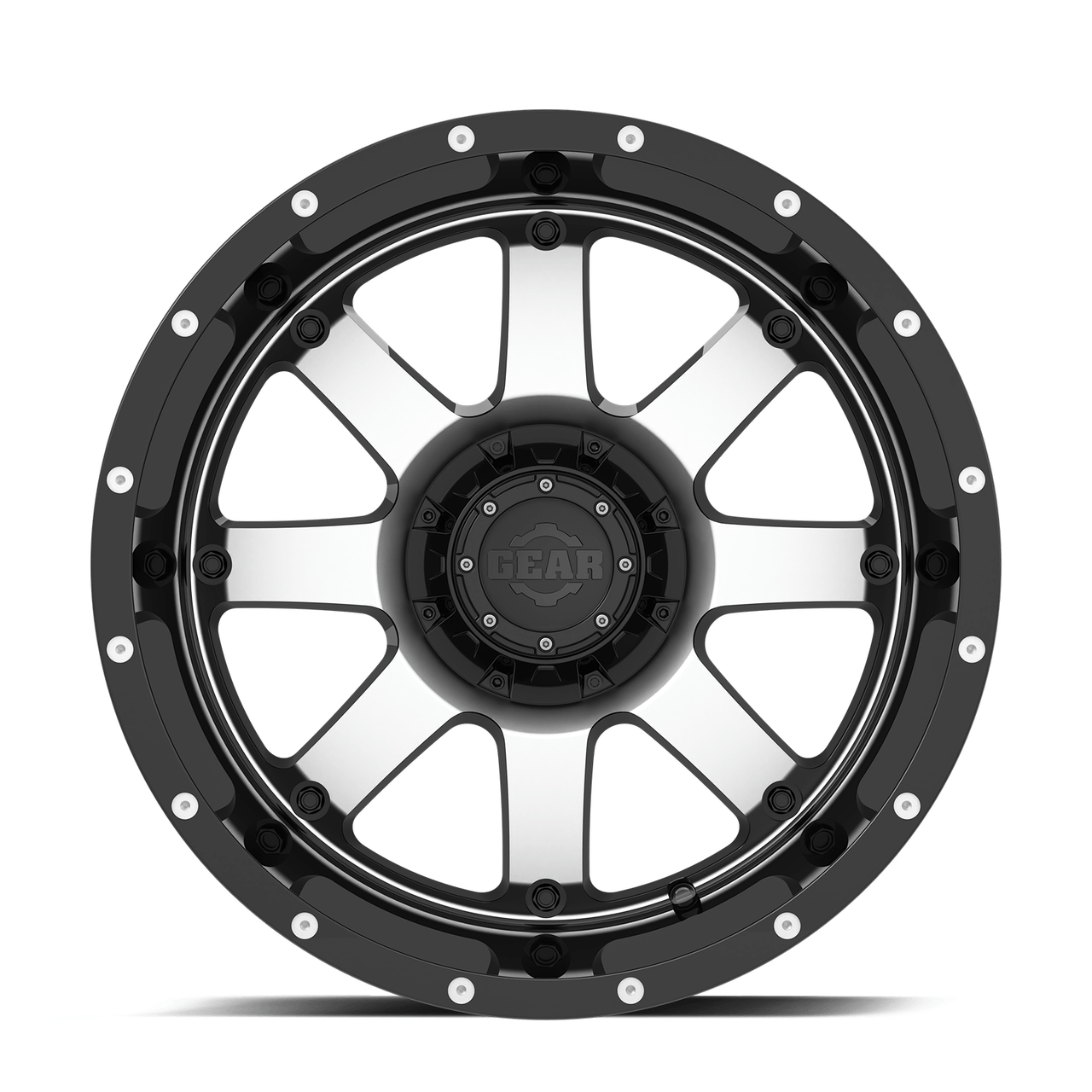 Set 4 20" Gear Off Road 726M Big Block gloss black with mirror machined face and spot milled lip accents 20x10 Wheels 8x6.50 -19mm