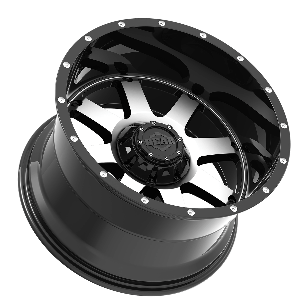 Set 4 20" Gear Off Road 726M Big Block gloss black with mirror machined face and spot milled lip accents 20x12 Wheels 8x6.50 -44mm