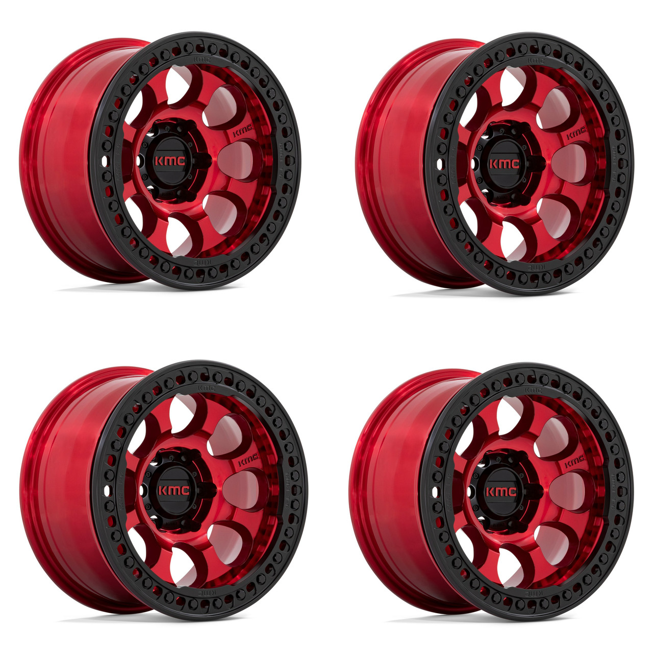 Set 4 KMC KM237 Riot Beadlock 17x8.5 6x135 Red Black Ring 17" 0mm Truck Wheels