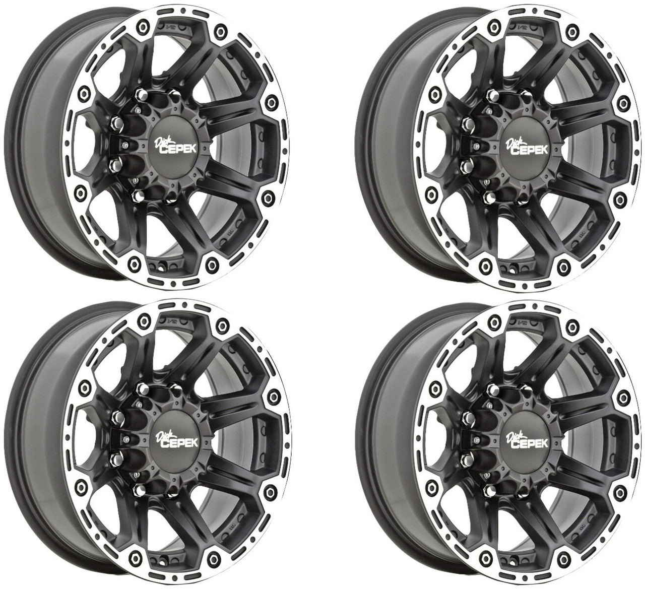 Set 4 17" Dick Cepek Torque flat black with machined outer lip and satin clear coat 17x8.5 Wheels 6x5.50 +06mm