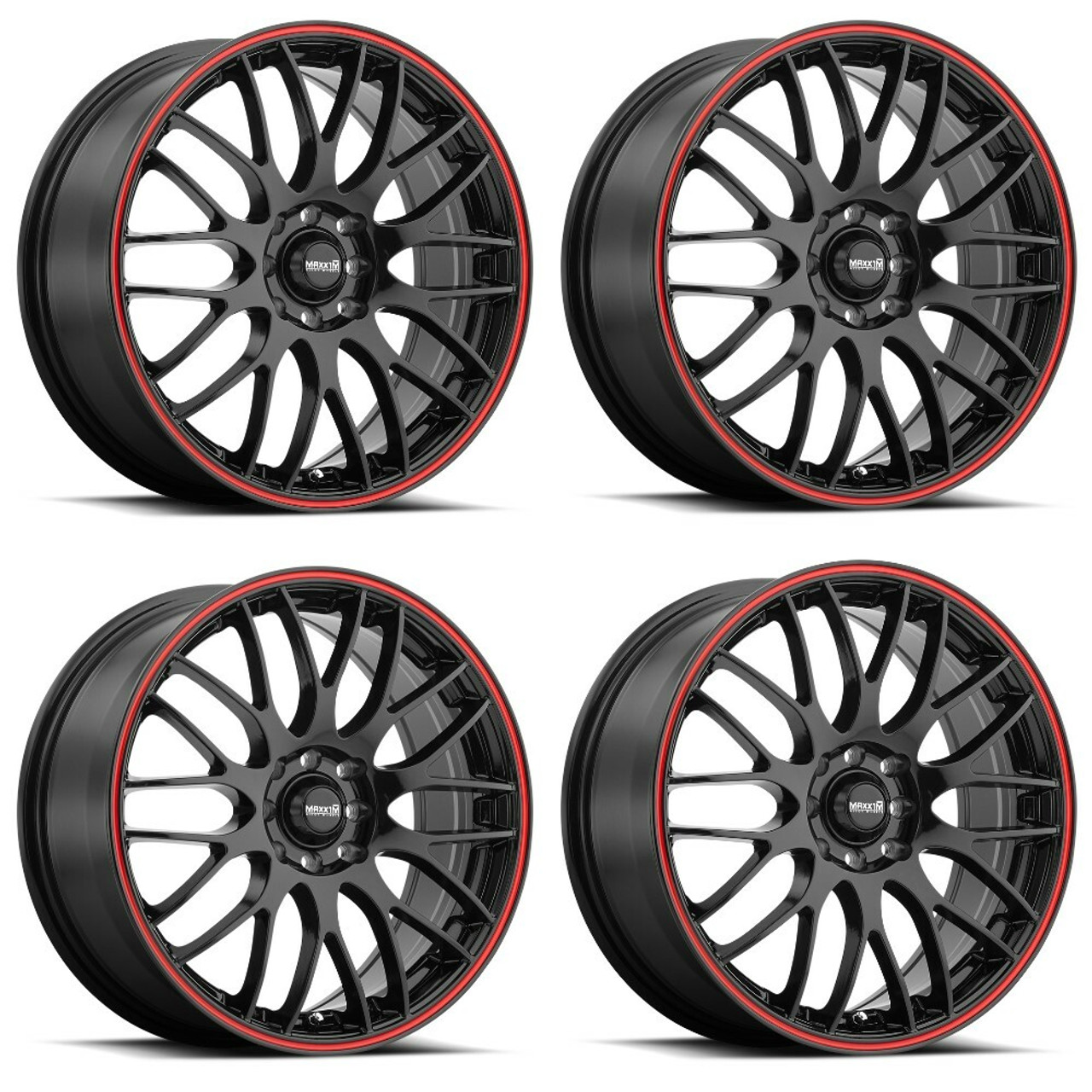 Set 4 17" Maxxim 42B Maze gloss black with red racing stripe 17x7 Wheels 5x110 5x115 +40mm