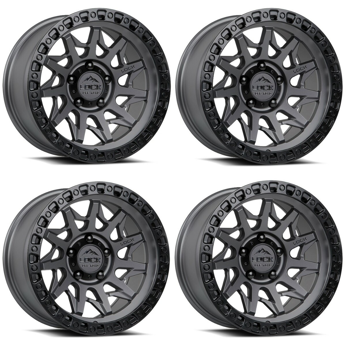 Set 4 18" Lock Offroad Matte Grey Matte Black Ring Lunatic 18x9 5x5 -12mm Wheels