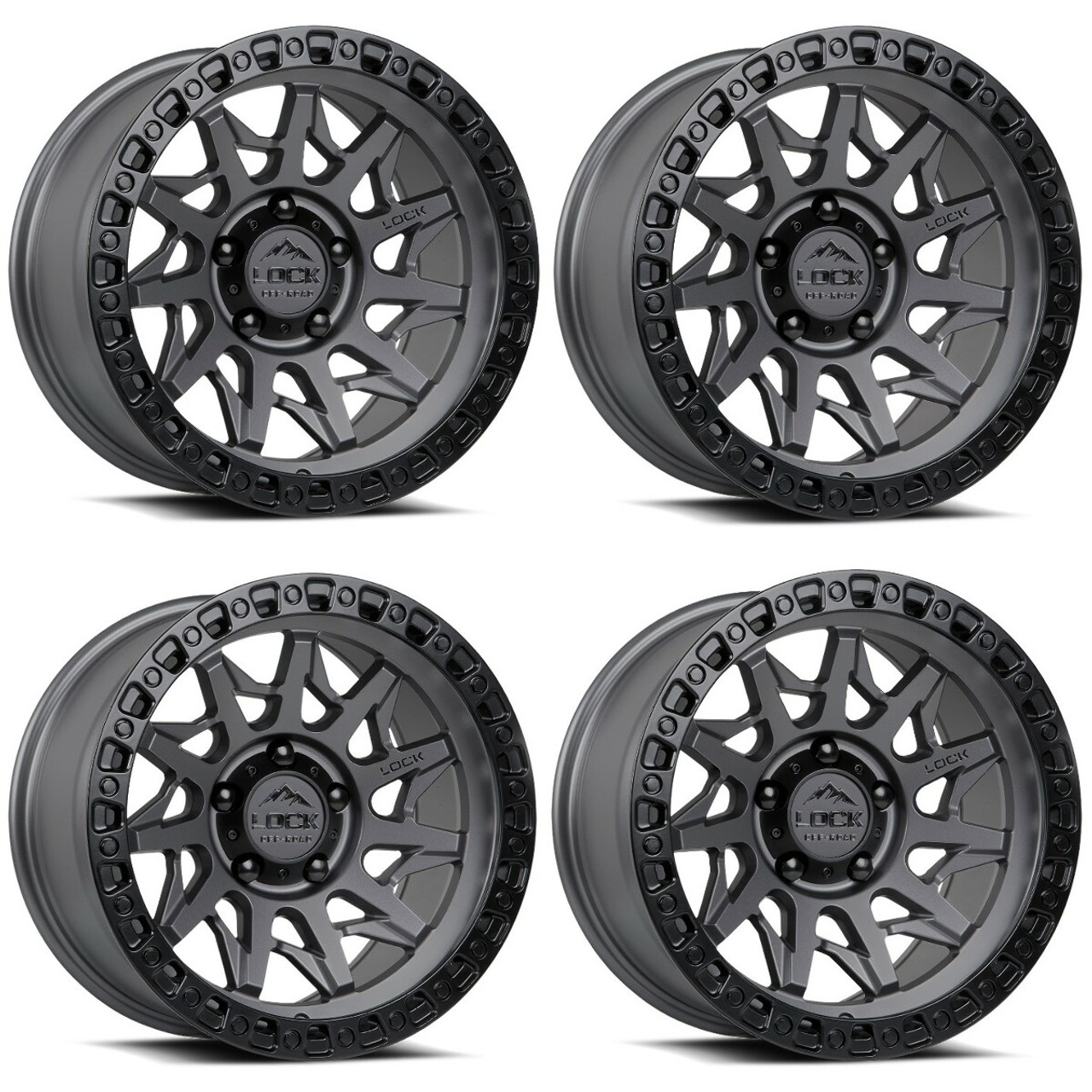 Set 4 18" Lock Offroad Matte Grey Matte Black Ring Lunatic 18x9 5x5 1mm For Jeep