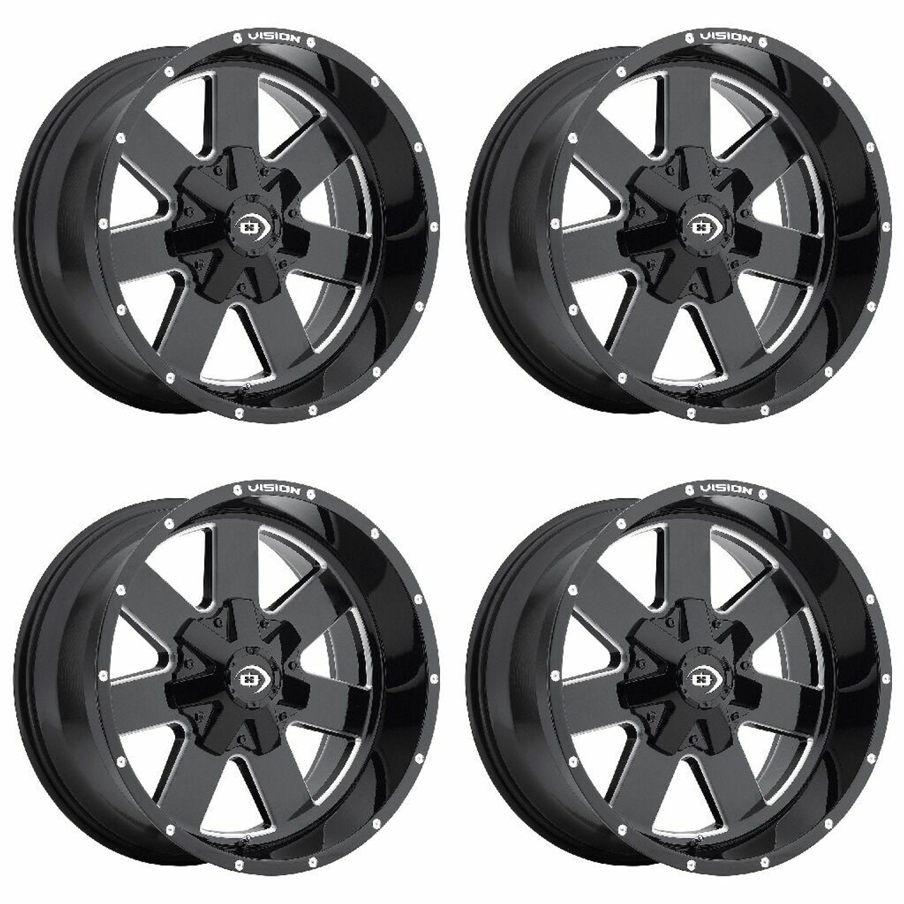 Set 4 20" Vision Off-Road 411 Arc Gloss Black Milled Wheels 20x9 6x135 Rims 12mm