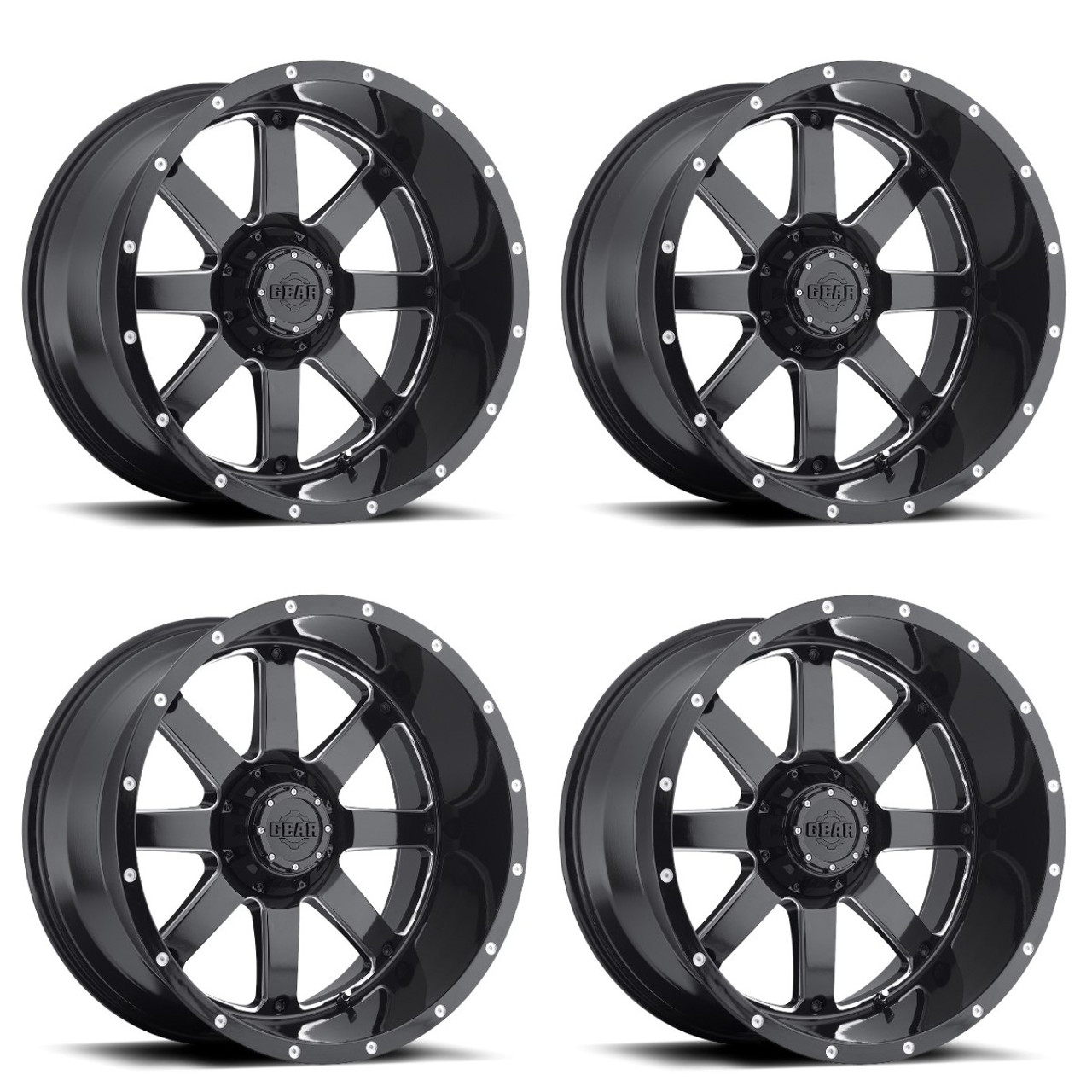 Set 4 20" Gear Off Road 726MB Big Block gloss black with cnc milled accents 20x10 Wheels 5x5.50 5x150 -19mm