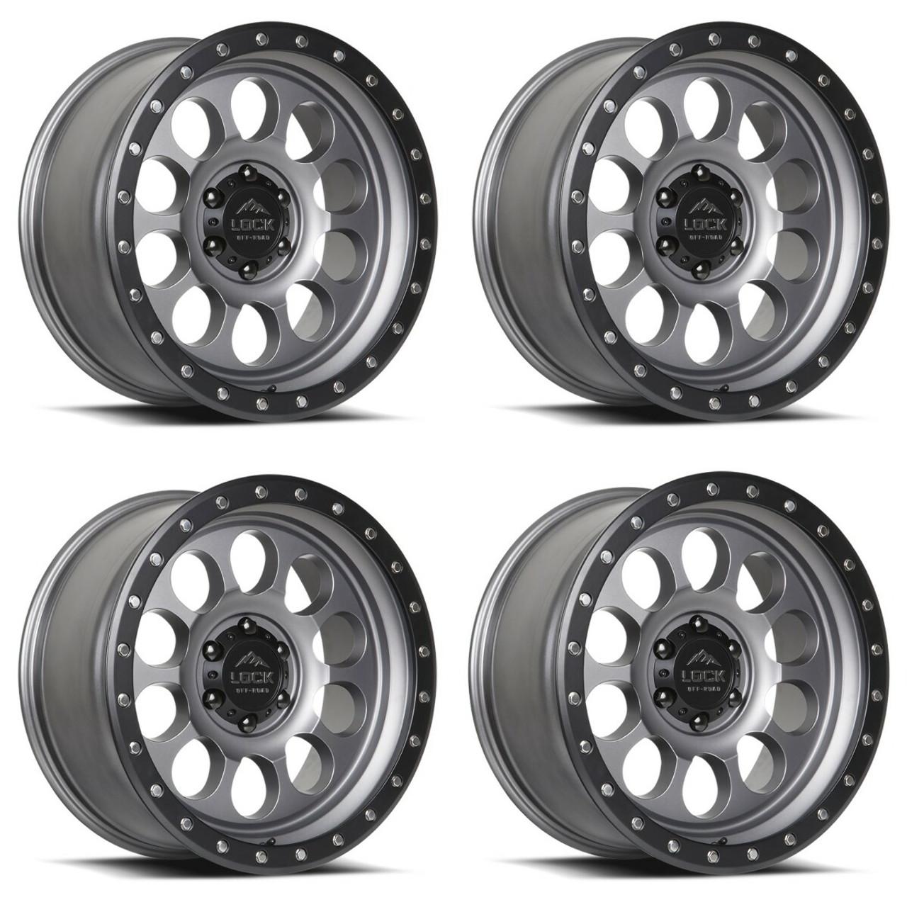 Set 4 17" Lock Offroad 50CAL Matte Grey Matte Black Ring 17x9 Wheels 6x5.5 0mm