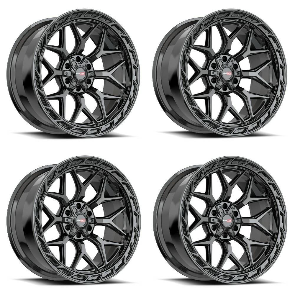 Set 4 20" Vortek Gloss Black VRP-504 20x9 Wheels 5x5 5x5.5 0mm Truck Rims