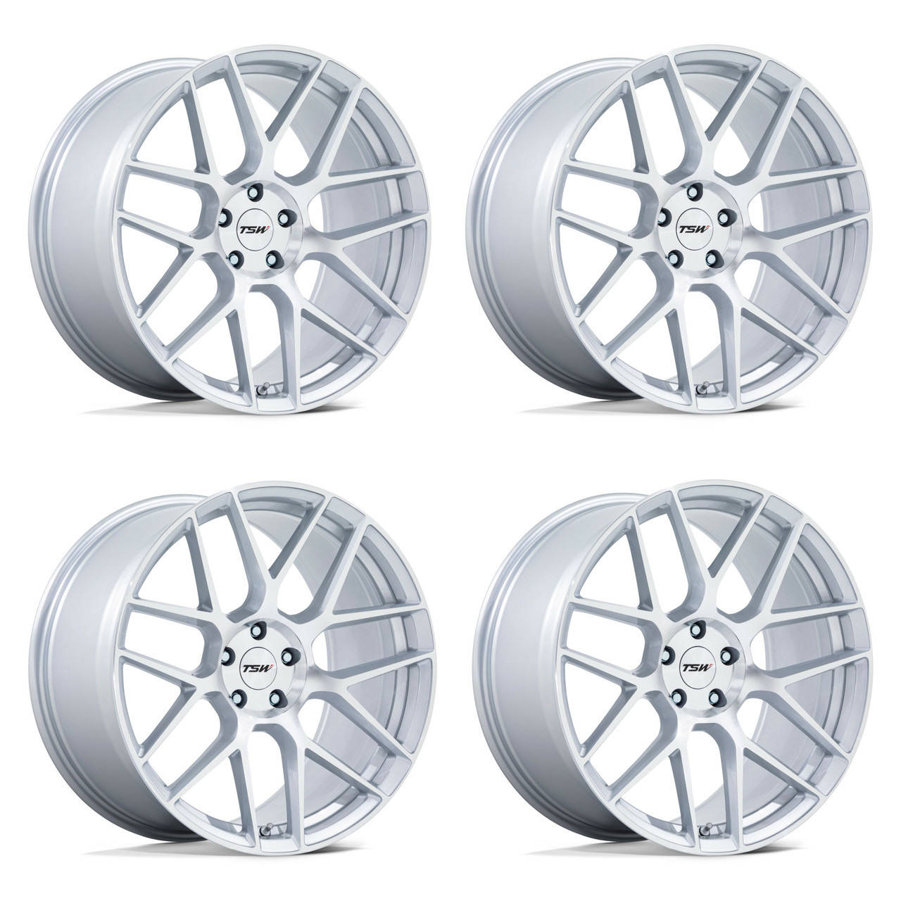 Set 4 18" TSW TW002 Lasarthe Gloss Silver Machined 18x10.5 Wheels 5x112 35mm Rim