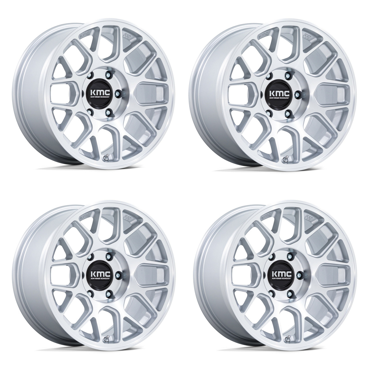 Set 4 17" KMC KM730 Hatchet Gloss Silver Machined Face 17x8.5 Wheels 6x5.5 -10mm