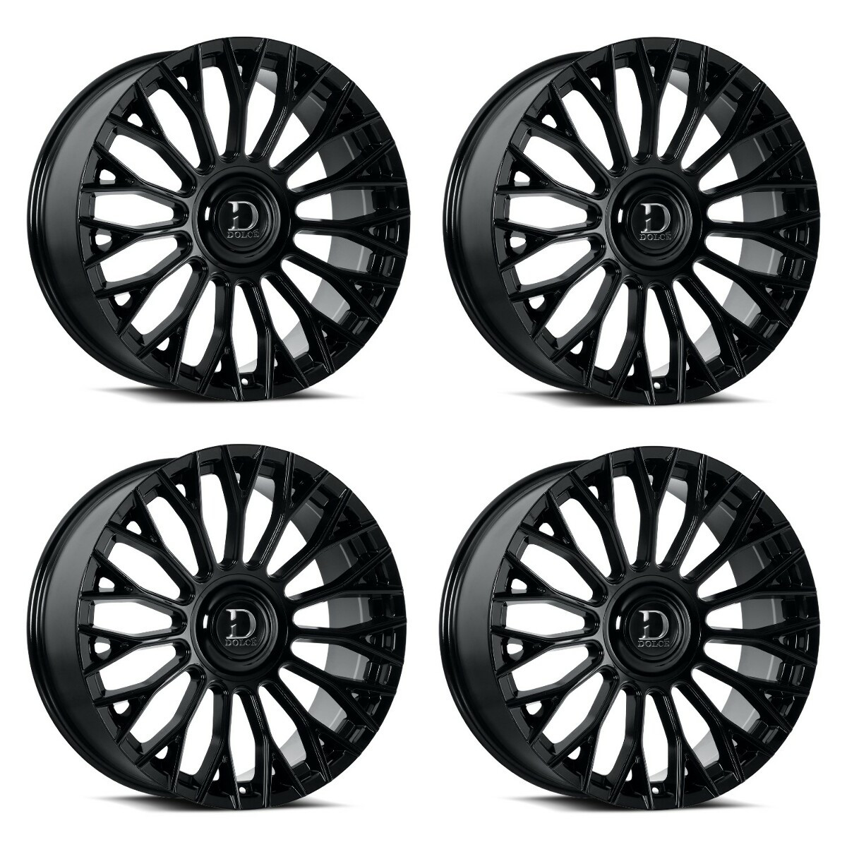 Set 4 24" Dolce Roma 24x10 6x135 6x5.5 25mm Glossy Black w Floating Cap Wheels
