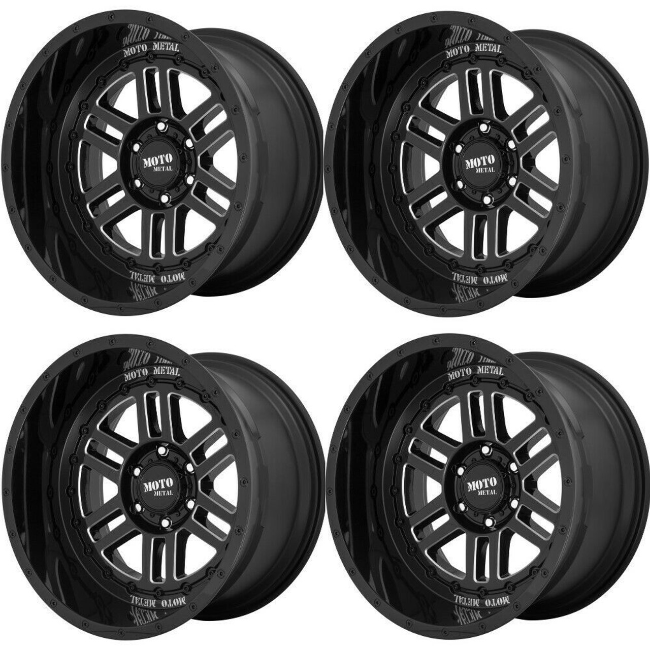 Set 4 Moto Metal MO800 Deep Six 20x10 5x5 Gloss Black Milled Wheels 20" -18mm