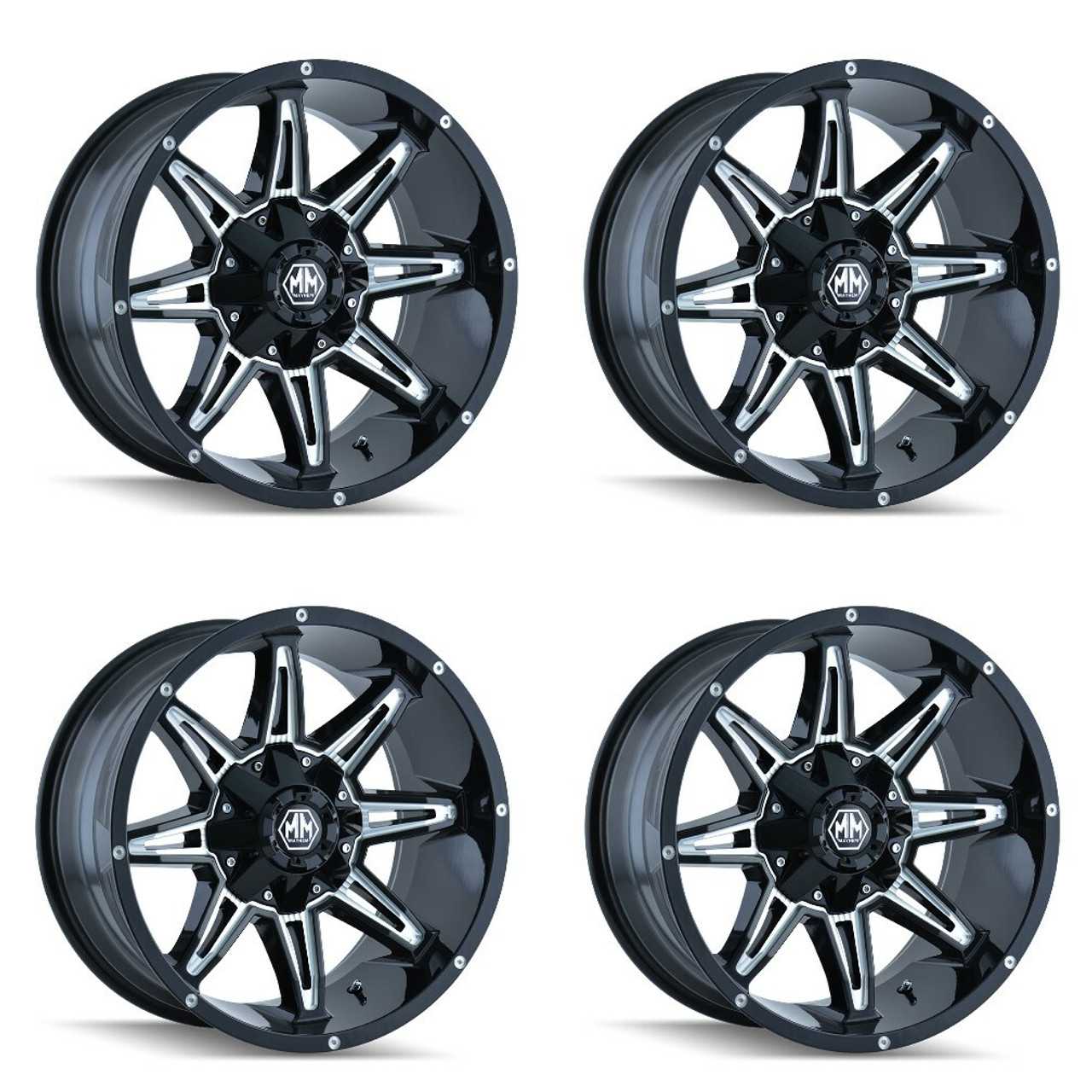 Set 4 18" Mayhem Rampage Gloss Black Milled 18x9 Wheels 8x170 Lifted Rims -12mm