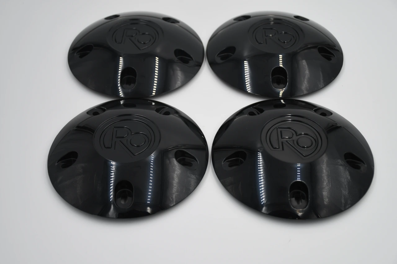 Set of 4 black RO center caps for 5x4.5 5x4.75 and 5x5 5 lug wheels with 14mm x 1.5 lug hardware and universal fitment for trucks and SUVs.