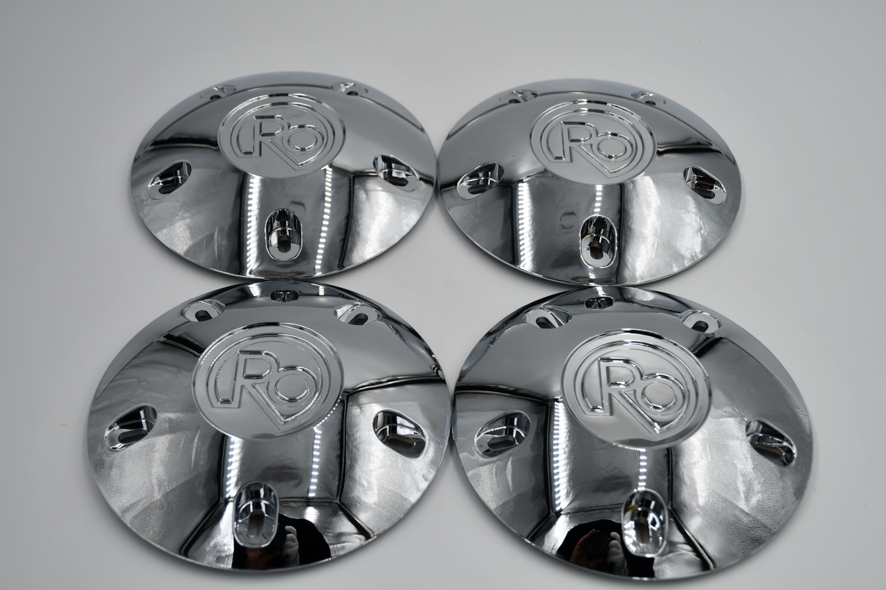 Set of 4 chrome RO center caps for 5x4.5 5x4.75 and 5x5 wheels with 12mm x 1.25 lug hardware for Nissan Subaru and Infiniti applications.
