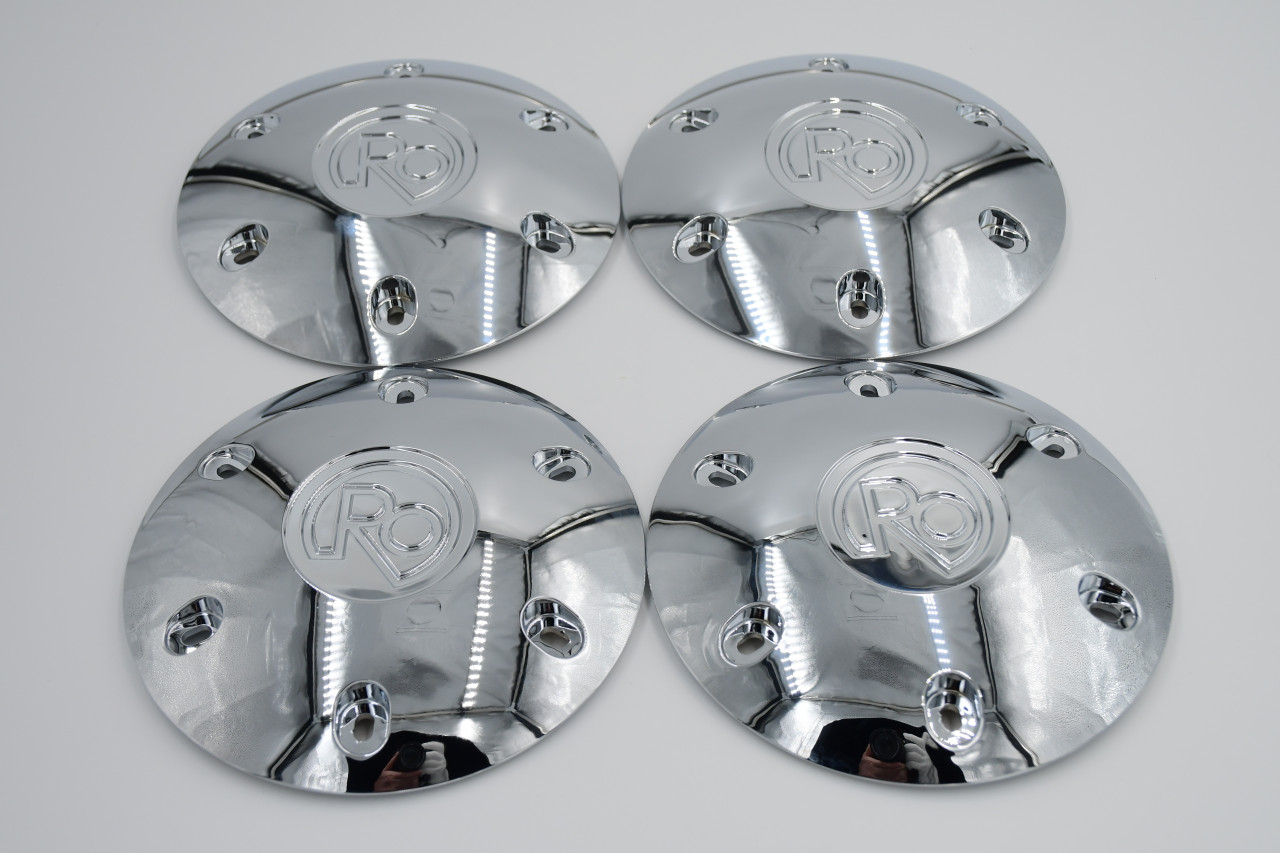 Set of 4 chrome RO center caps for 6x5.5 wheels with 12mm x 1.5 lug hardware for Toyota Tacoma 4Runner and Ford Bronco and Ranger truck applications.