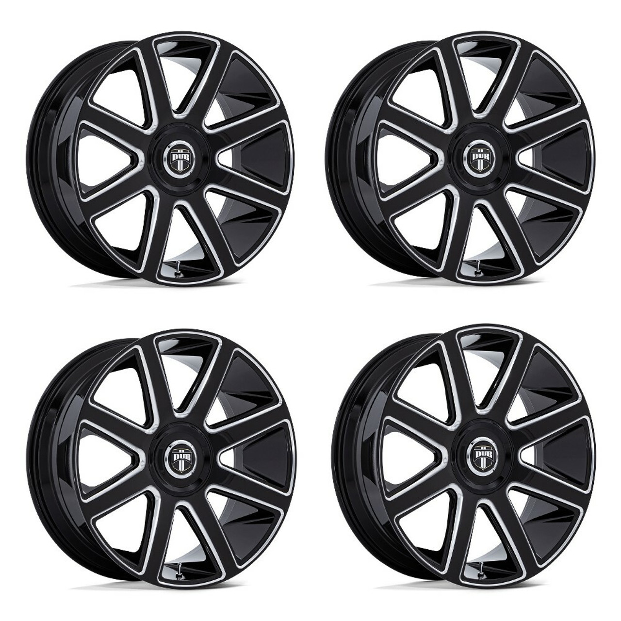 Set 4 24" DUB DC273 Pull Gloss Black Milled 24x9 Wheels 5x115 5x120 15mm Rims