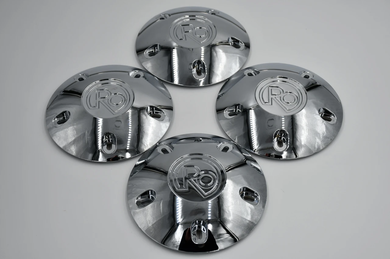 Chrome RO style hub caps set of 4 for 5 lug wheels including 5x114.3, 5x120.65, and 5x127 bolt patterns with installation hardware included.