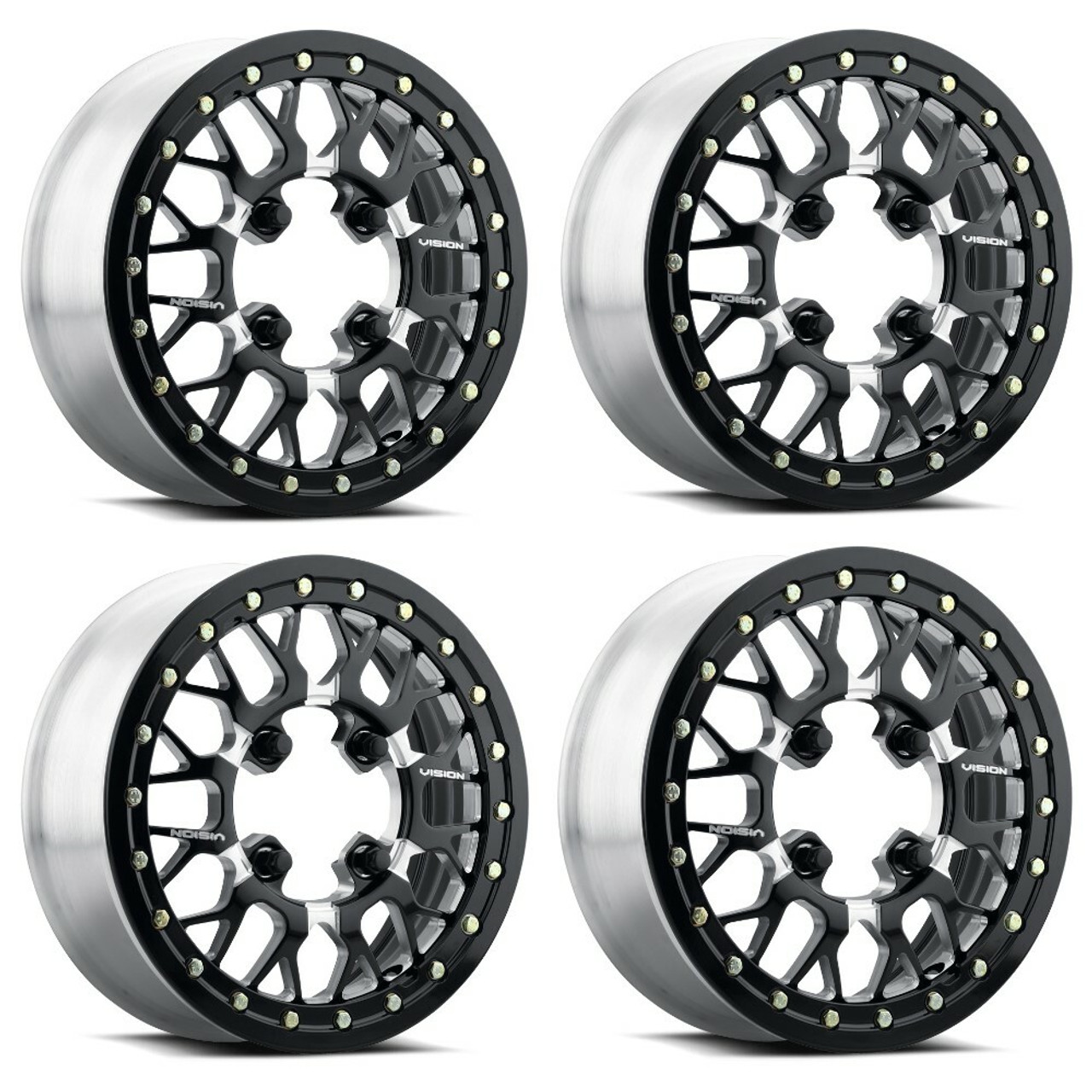 Set 4 15" Vision ATV 346 Storm Gloss Black Milled Spoke 15x7 Wheels 4x136 38mm