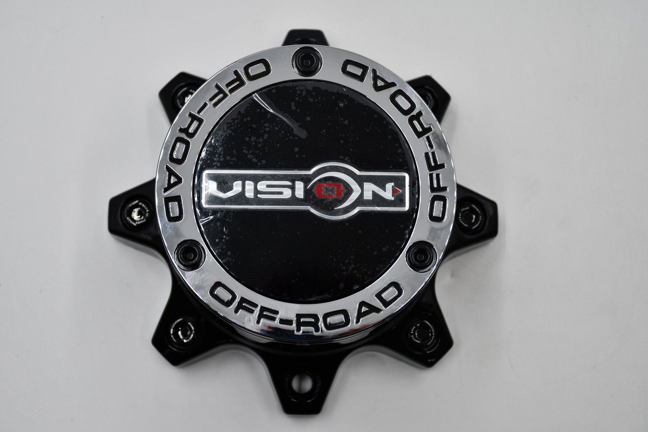 Vision C394PLGB-8V gloss black 8 lug wheel center cap replacement for Vision 394 395 397 399 wheels with bolt-on exposed lug design for heavy-duty truck and SUV applications.