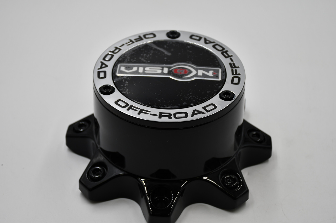 Replacement Vision gloss black wheel center cap C394PLGB-8V for 8 lug Vision off-road wheels, ideal for Ford Super Duty, Chevy HD trucks, Ram 2500 and lifted diesel builds.