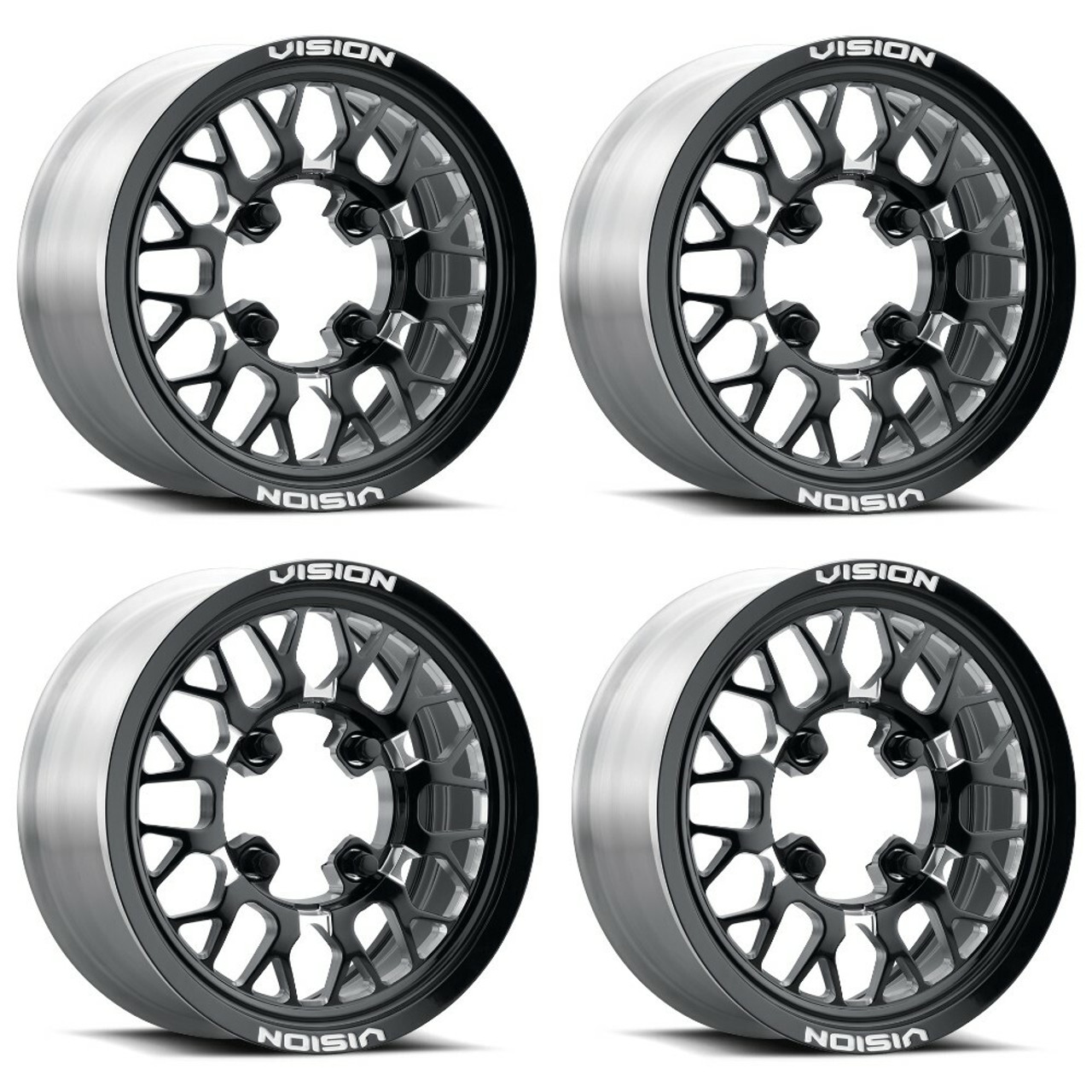 Set 4 15" Vision ATV 346 Storm Forged Gloss Black Milled 15x10 Wheels 4x156 0mm