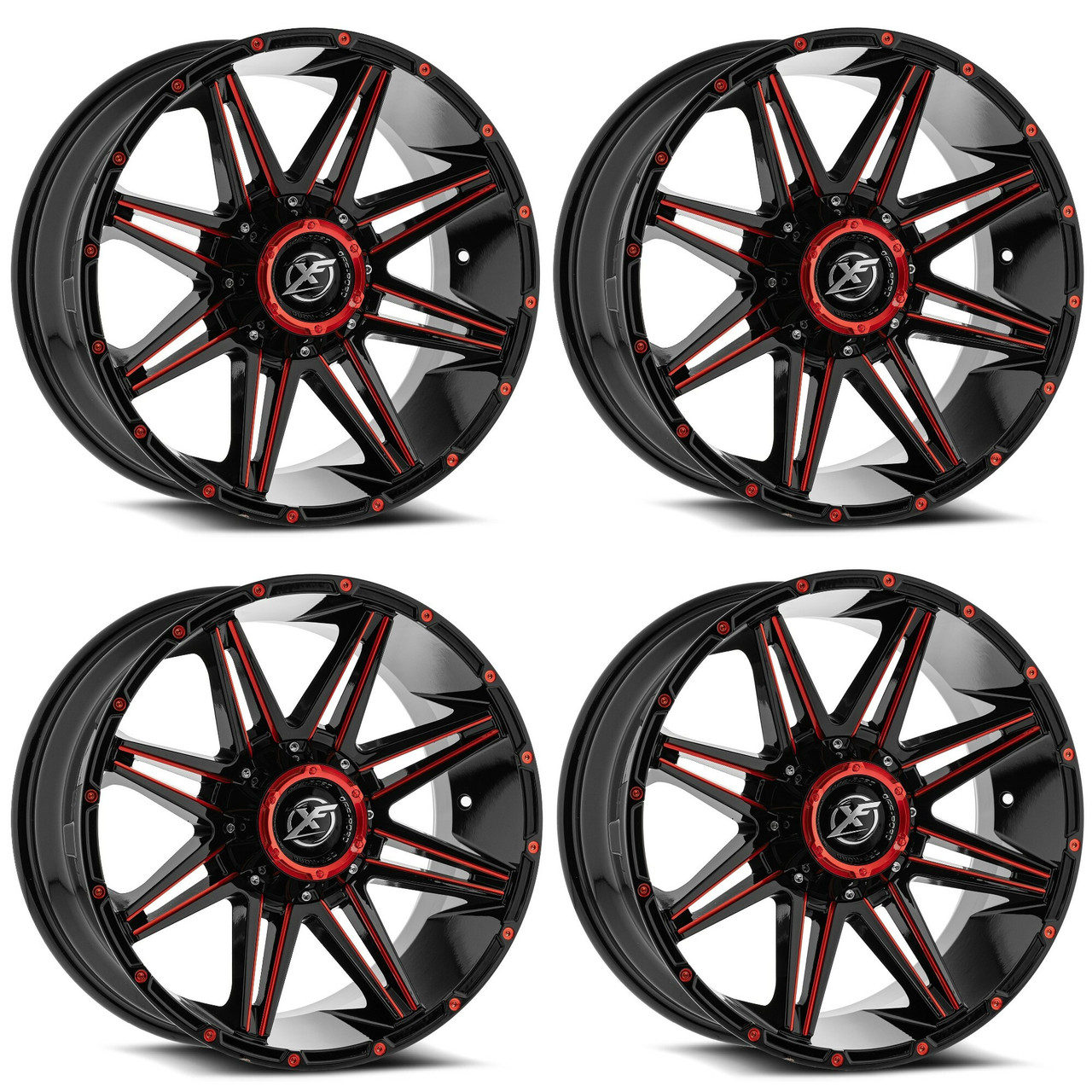 Set 4 17" XF Off-Road XF-220 Gloss Black Red Milled 17x9 Wheels 8x6.5 8x170 12mm