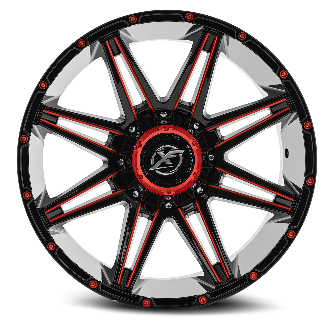 Set 4 22" XF Off-Road XF-220 Gloss Black Red Milled 22x10 6x135 6x5.5 -18mm Rims