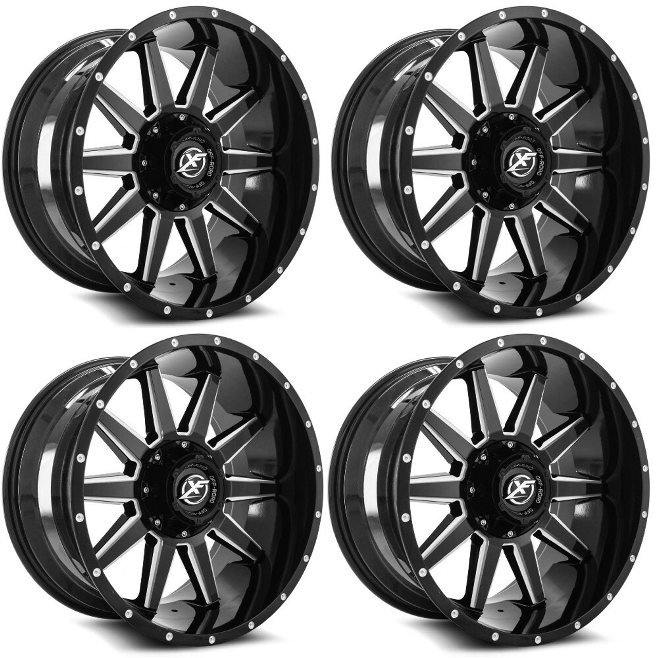 Set 4 18" XF Off-Road XF-219 Gloss Black Milled 18x9 Wheels 5x5 5x5.5 12mm Rims